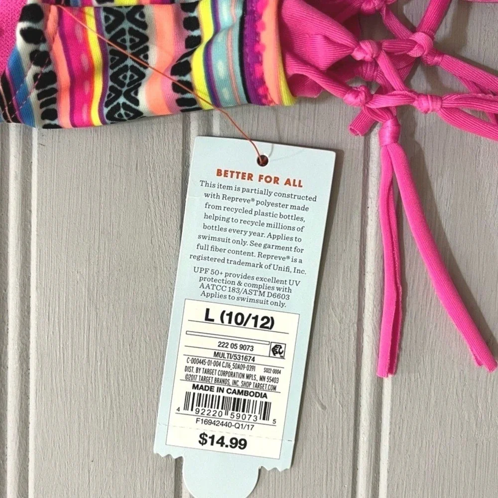 Cat & Jack Fringe Bikini Swim Top Girls Large Pink Colorful Stripes NWT